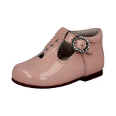 Andanines Girls Pearl Detail Diamante Buckle T-Bar Shoe in Pink Patent